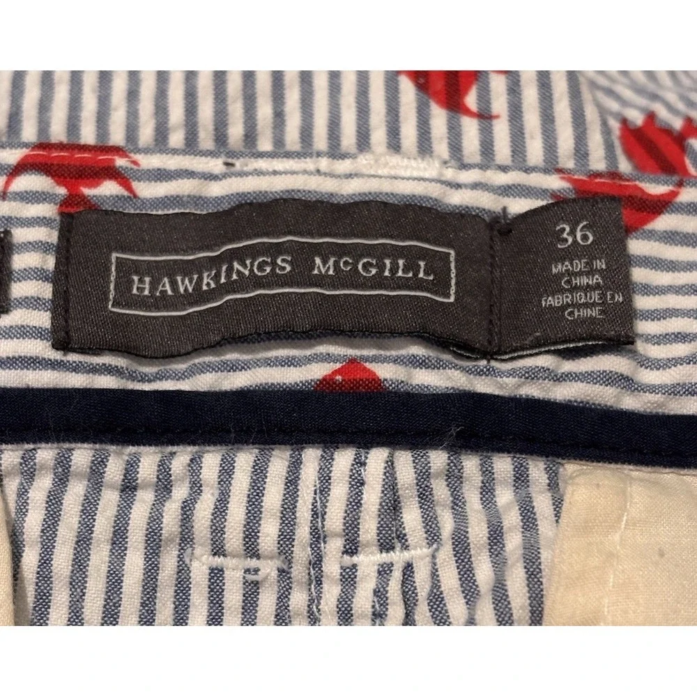Hawkings McGill Mens 36 Blue White Cotton Seersucker Shorts Red Fish Motif